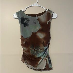 Floral Sleeveless Top - Brown and Blue